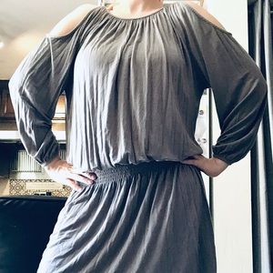 Gray open shoulder blouson knit dress